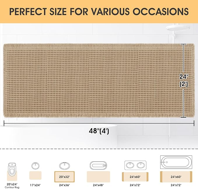 Waffle Bath Mat Beige 4'x2', Boho Woven Modern Bath Mat Rugs, Absorbent Non Slip Bathroom Rugs, Soft Washable Bath Rugs with Tassels for Bathroom, Bedroom, Kitchen, Shower, Tub