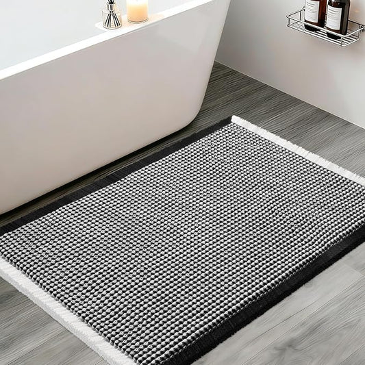 Upgraded Waffle Bath Mat, 32"x20" Black & White, Super Absorbent Non-Slip Quick Dry Bathroom Rugs with Tassels, Machine Washable Ultra Soft Boho Bath Rugs for Floor, Toilet Mats Boho Farmhouse Decor