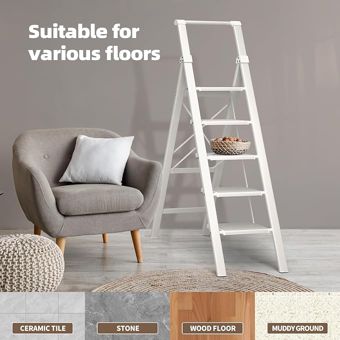 HillhutApex Aluminum 5 Step Ladder, Step Stool Foldable Ladder(White) | Stepladder with Handgrip,Anti-Slip Pedals,330lbs Capacity,Lightweight Folding Ladder for Home,Office,Libaray
