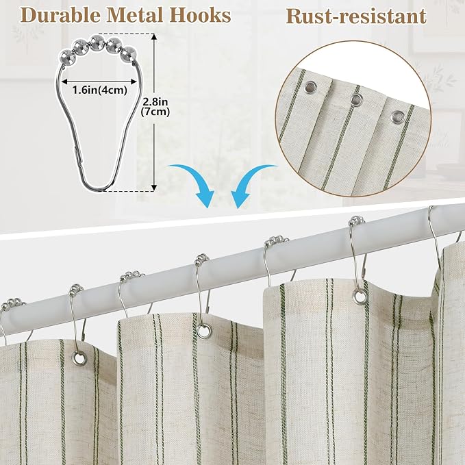 Yinhua Farmhouse Shower Curtain with Ruffle, Green Striped Linen Shower Curtains Set with Hooks for Bathroom, Country Vintage Long Bath Curtain Waterproof Weighted Washable Fabric, 72" W x 84" L