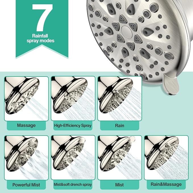 Cobbe Filtered Shower Head, 7 Modes High Pressure Shower Head | Shower Head with Filters for Hard Water for Remove Chlorine and Harmful Substances (Elegant Brushed Nickel, 5 Inch Round)