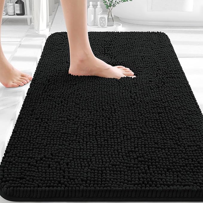 OLANLY Bathroom Rugs 32x20, Extra Soft Absorbent Chenille Bath Rugs | Black, Quick-Drying Rubber Backing, Machine Washable Bath Mat for Bathroom Floor, Tub and Shower, Home Decor Accessories