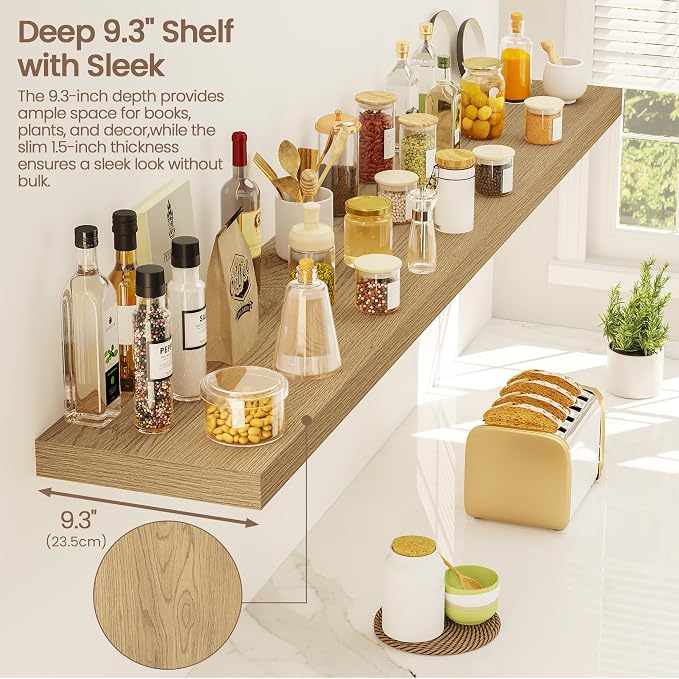 Vivelove Floating Shelves 9 inch Deep 55”Long Set of 2, Oak | Easy Install With Hardware, 1.5" Thick, Invisible Brackets, Wall Mounted, No Sagging, For Any Room