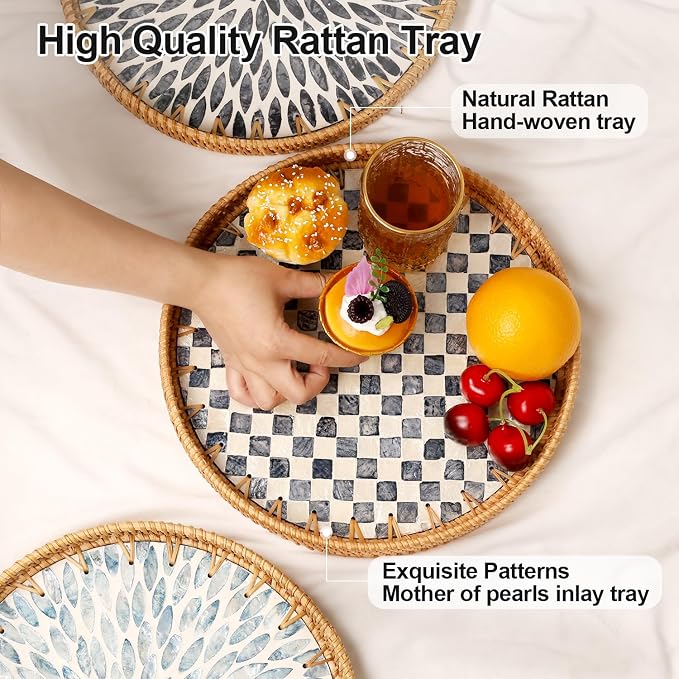 Round Rattan Tray with Mother of Pearl Inlay, Rattan Serving Tray for Coffee, Bread, Fruits, Decorative Wicker Tray for Table Decor, Home Decor, Kitchen Island Decor(Black Checkerboard, 11.8")