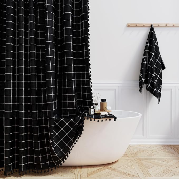 Stall Boho Farmhouse Linen Shower Curtain Set, 36x72, Black and White | Half Size, 330GSM Linen Blend, 3-side Tassels, Water Repellent Fabric, 6 Plastic Hooks, Rustic Bohemian, Machine Washable