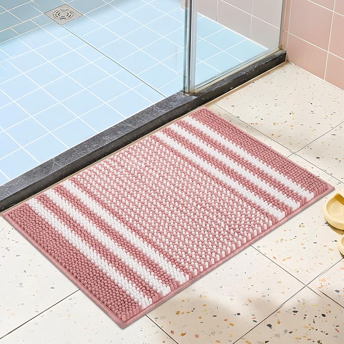 Bathroom Rugs, 24x16 Inch Extra Soft Absorbent Shaggy Chenille Bath Rugs, Non Slip Backing Quick Dry Machine Washable Modern Bath Mat for Bathroom Floor, Home Decor Accessories,Dusty Pink