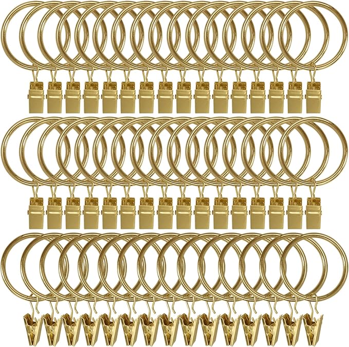 LLPJS 60 Pack Metal Curtain Rings with Clips, Curtain Clip Rings Hooks for Hanging Drapery Drapes Bows, Curtain Rod Rings 1.5 inch Interior Diameter, Gold