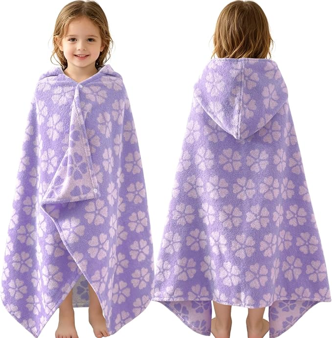 VOOVA & MOVAS Kids Hooded Towel, 3-6 Years, 100% Cotton, Purple Floral | Floral Jacquard Pattern, Quick Drying Texture, Strong Water Absorption, Suitable for Bath, Pool, Swim and Beach Trips