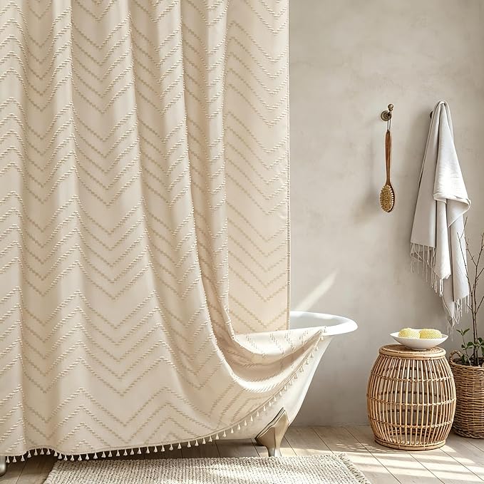 Siiluminisoy Boho Farmhouse Shower Curtain Woven Fabric Cute Beige Shower Curtain, 72 x 72 Tufted Chevron Textured Striped Modern Farmhouse Minimalist for Bathroom