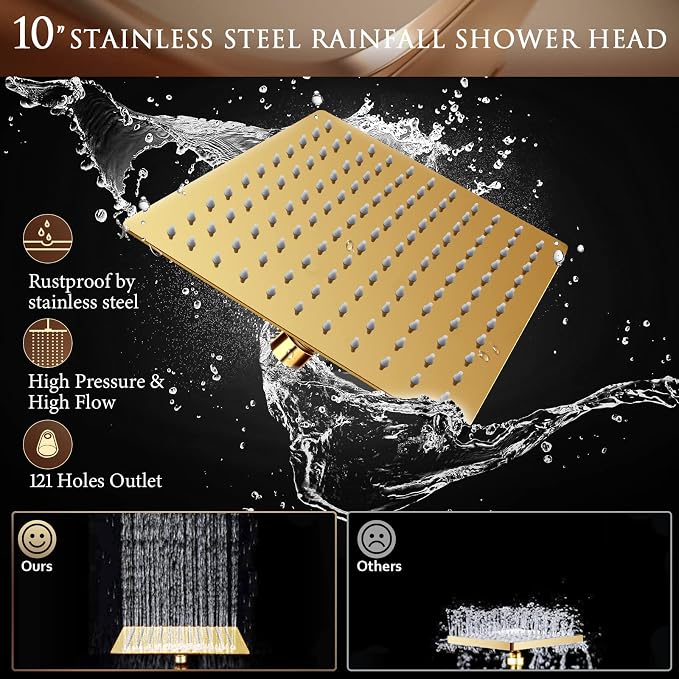 10" Gold Shower Head with Handheld, 5 Spray Handheld with 11" Extension Arm | High Pressure Rainfall Shower Head/Handheld Shower Combo with Adjustable Arm, 60" Hose Anti-leak (Gold)