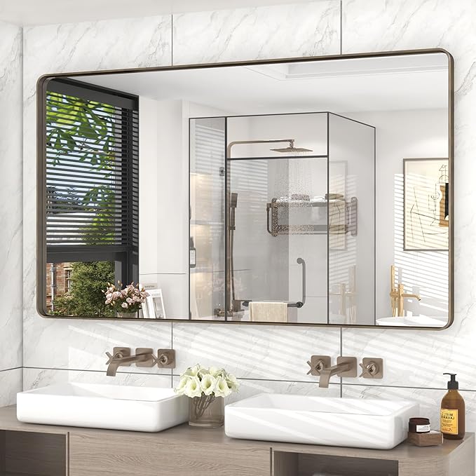 55x30 Inch Brushed Bronze Bathroom Mirror for Wall | Rounded Rectangle Metal Bronze Framed Vanity Mirror, Anti-Rust, Shatterproof, Hangs Horizontally or Vertically