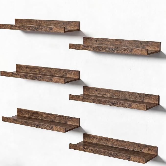 upsimples Floating Shelves for Wall Decor and Storage, Brown, 6Pcs 15.7'' | Wall Mounted Wood Shelves for Living Room, Bedroom, Bathroom, Kitchen, Office, Laundry Room Display and Organize
