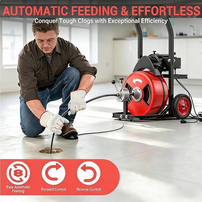 100Ft 3/4 Inch Drain Cleaning Machine. Sewer Snake 750w Auto Feed | Portable Drain Cleaning Machine with 6 Cutter Electric Drain Auger Sewer Auger Air-Activated Foot Switch for 4" to 8" Pipes