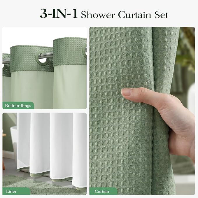 Sage Green Hook Free Waffle Shower Curtain & Snap-in Liner,72x87 | Less Time to install, 3 in 1 Fabric Shower Curtain and Liner Set with Magnets, Extra Long, Shower Curtains for Bathroom