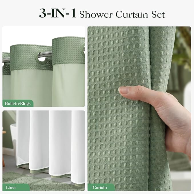 Sage Green Hook Free Waffle Shower Curtain & Snap-in Liner,54x81 | Less Time to install, 3 in 1 Fabric Shower Curtain and Liner Set with Magnets, Stall, Long, Shower Curtains for Bathroom