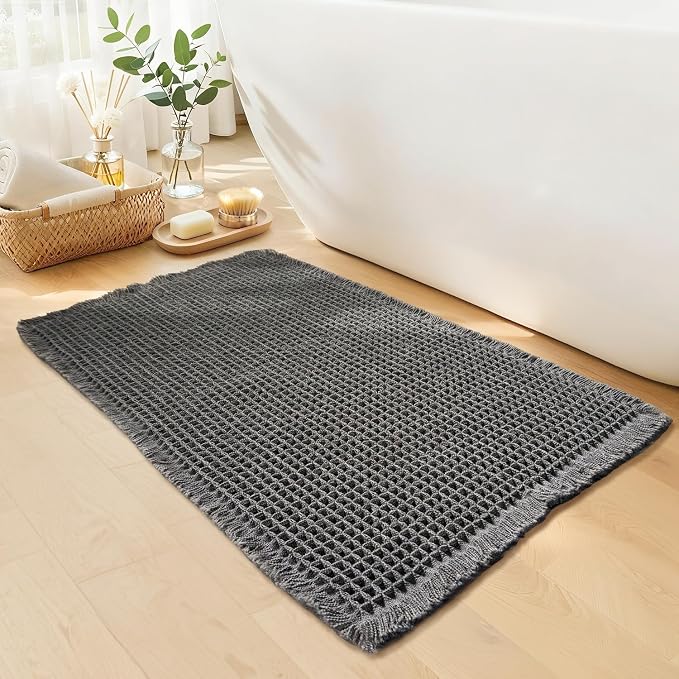 Waffle Bath Mat, Boho Bathroom Rugs Non Slip Washable, 24" x 36" | Super Absorbent Quick Dry Bath Mat, Boho Bathroom Mats, Soft Waffle Weave Farmhouse Bathroom Decor, Dark Grey