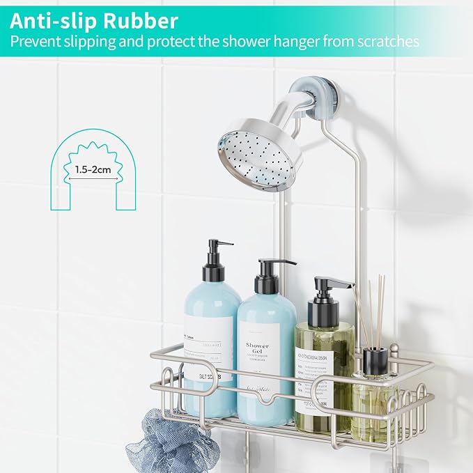 HapiRm Hanging Shower Caddy Organizer - Bathroom Organizer with 12 Hooks and Soap Holder, Rustproof Shower Shelf over Shower Head - Brushed Nickel