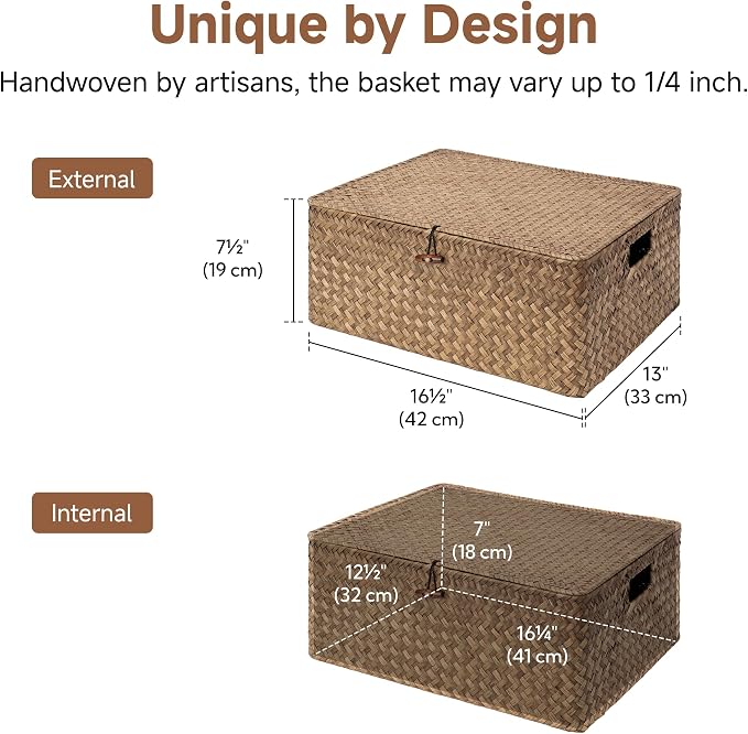 StorageWorks Wicker Baskets for Storage, Large Basket with Lid, Brown | Woven Baskets with Lids for Shelves, Wicker Storage Baskets with Lids, Decorative Box, Lidded Baskets for Organizing, 1 Pack