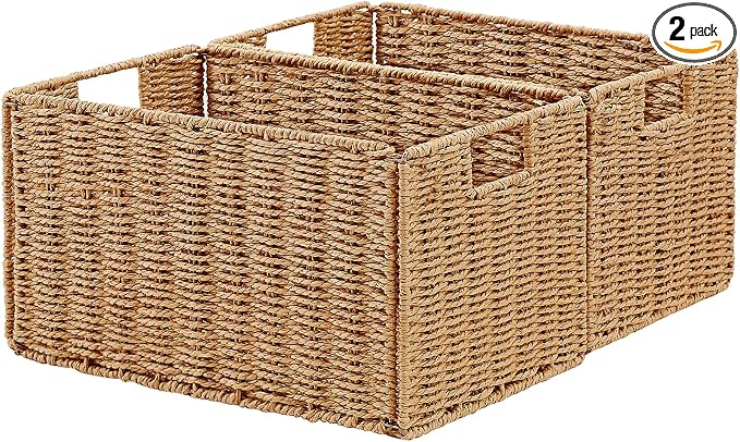 Wicker Storage Basket, Set of 2 Hand-Woven Paper Rope Wicker Basket, Small Storage Baskets for Organizing Toilet Paper Basket, Foldable Large Cube Storage Organizer Bins for Shelves (Natural)