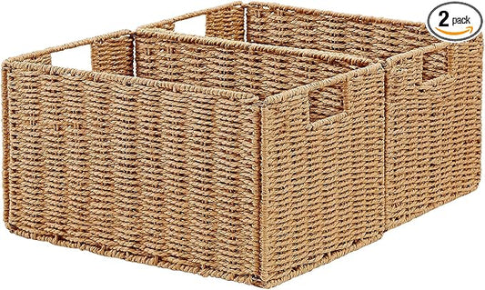 Wicker Storage Basket, Set of 2 Hand-Woven Paper Rope Wicker Basket, Small Storage Baskets for Organizing Toilet Paper Basket, Foldable Large Cube Storage Organizer Bins for Shelves (Natural)