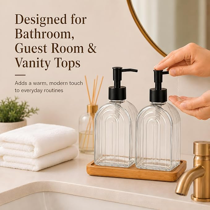 2 Pack Arch Glass Soap Dispenser with Acacia Wood Tray, 11oz Clear Rainbow Decorative Hand Soap Dispenser with Rustproof Pump, Refillable Liquid Dispenser for Bathroom, Kitchen, Countertop