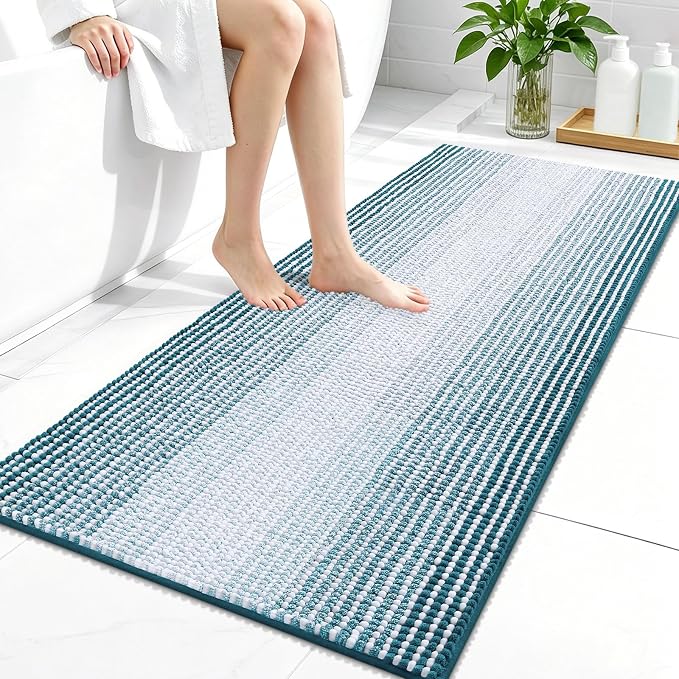 OLANLY Bathroom Runner Rugs 44x24, Chenille Striped Bath Rugs, Peacock Blue | Extra Soft Absorbent, Rubber Backing, Machine Wash Dry, Bath Mats for Bathroom Floor, Tub and Shower, Home Decor Accessories