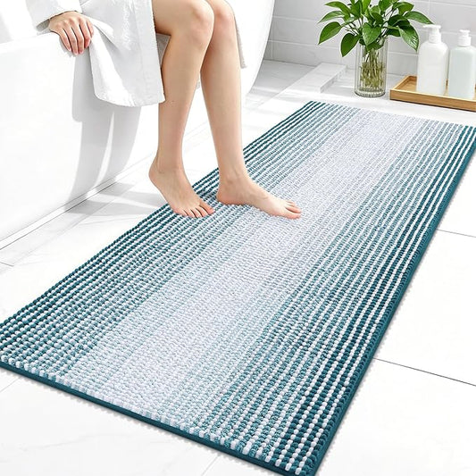 OLANLY Bathroom Runner Rugs 44x24, Chenille Striped Bath Rugs, Peacock Blue | Extra Soft Absorbent, Rubber Backing, Machine Wash Dry, Bath Mats for Bathroom Floor, Tub and Shower, Home Decor Accessories
