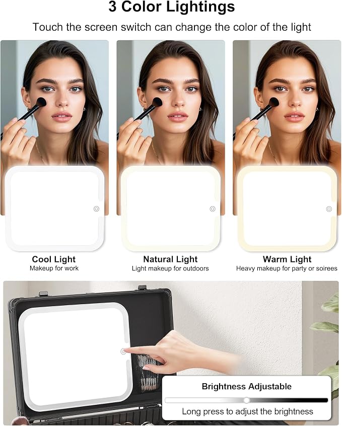 Relavel Makeup Case, Makeup Bag with LED Mirror Makeup Organizer Large Cosmetic Bags Travel Train Case for Women, Portable Vanity Makeup Box with Rechargeable Light up Mirror and Adjustable Dividers