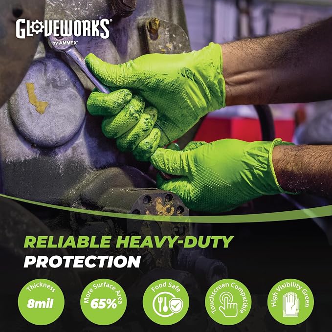 GLOVEWORKS Green Nitrile Gloves 8 Mil Heavy Duty Texture Chemical Resistant | Mechanic and Cleaning Gloves, Suitable for Heavy Duty Industrial Use, Chemical Resistant, HIgh-Visibility Color, Bulk Options