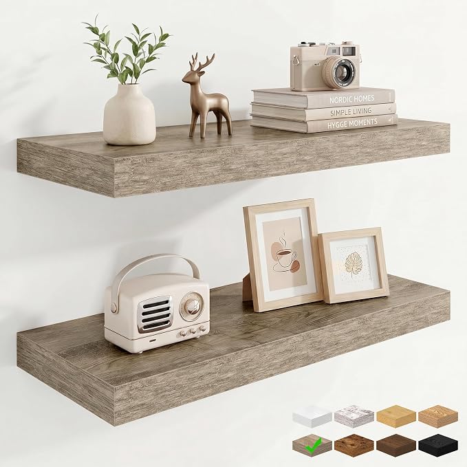Marsmiles 9.25in Depth 24in Floating Shelves, 24x9.25x1.4, Grey, Set of 2 | Wall Mounted Engineered Wood Shelves, Invisible Brackets for Living Room, Bedroom, Bathroom, Kitchen Decor and Storage