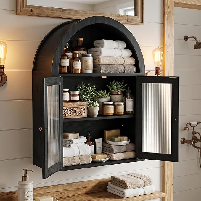 Medicine Cabinet with Arched Top, Bathroom Wall Cabinet Over Toilet with Wave Pattern Tempered Glass Doors and Removable Shelf, Arch Hanging Cabinets for Kitchen, Living Room, Laundry Room, Black