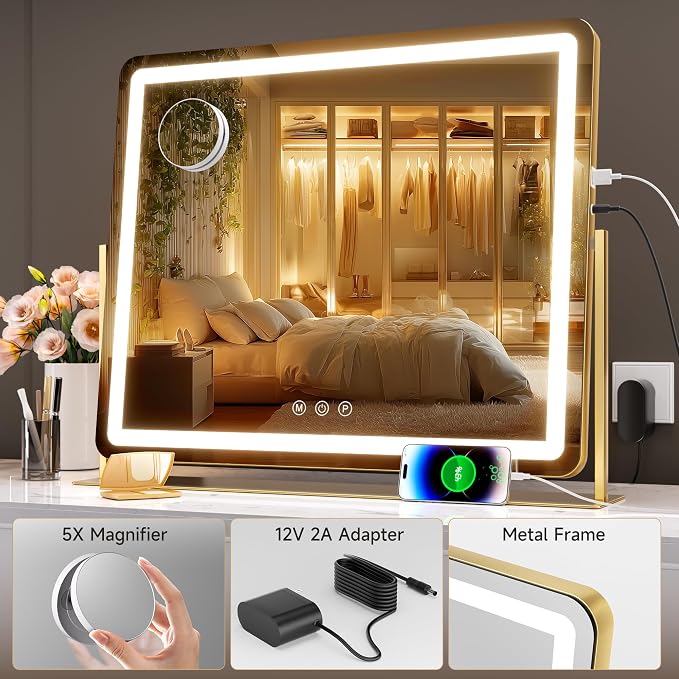 Hasipu Extra Large LED Vanity Mirror 25" x21” - Makeup Mirror with 10X Magnification, Phone Holder, USB Charging & Smart Touch 3-Color Lighting (Gold)