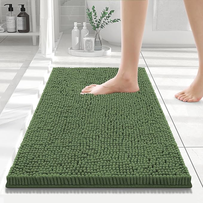 Smiry Bathroom Rugs 24X16, Luxury Chenille Extra Soft Absorbent Bath Mat | Olive Green, Machine Washable Non-Slip Plush Bath Mats for Bathroom, Tub, Shower, and Floor, Home Decor