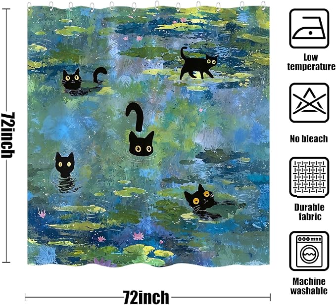 Accnicc Cute Cat Shower Curtain Funny Fun Cool Cats Monet Shower Curtains for Bathroom Water Lilies Waterproof Fabric Bath Curtain Decor 72 X 72 Inch