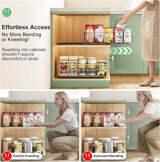 Pull out Cabinet Organizer, Stainless Steel 1-Pack (9.8"W x 16.5"D) Full-Extension Slide out Drawer, Adhesive Roll out Can Spice Storage Basket Shelf Rack for Pantry, Kitchen, Bathroom, Home Closet
