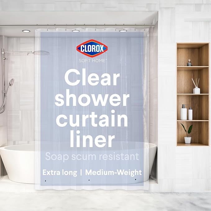 Clorox Shower Curtain Liner, Premium Medium-Weight Durable Waterproof 6g PEVA for Bathroom with Weighted Magnets, Extra Long 72" x 78", Clear 1 Pack