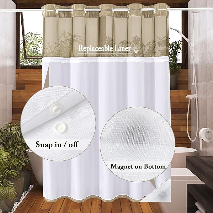 No Hook Cloth Beige Shower Curtain with Liner, 72x86 | Snap-in Fabric Liner, Hotel Style with Mesh Top Window, Waterproof Coating, Machine Washable, Rustproof Grommets