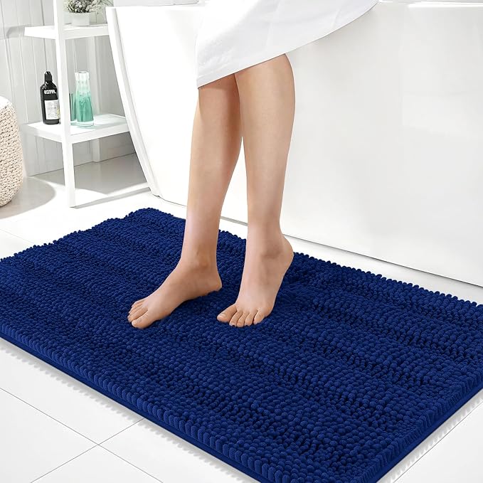 OLANLY Thick Large Bathroom Rugs 40x24, Soft Chenille Bath Rugs, Navy | Absorbent Striped, Rubber Backing, Machine Wash Dry, Bath Mats for Bathroom Floor, Tub and Shower, Home Decor Accessories