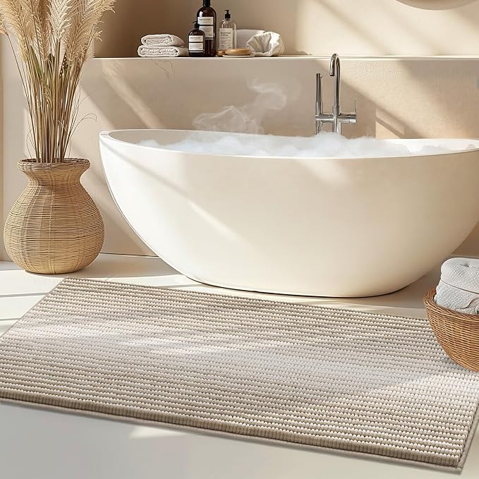 Chenille Bathroom Rugs, 21 x 60 Inches Non Slip Absorbent Bath Mat, Soft Shaggy Shower Bath Floor Mats for Bathroom, Machine Washable(Light Taupe)