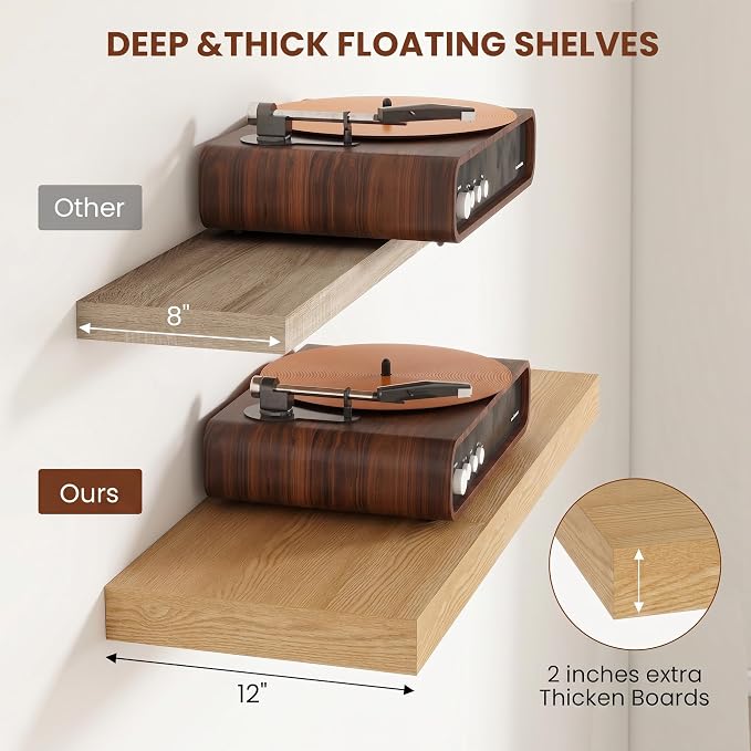 12 Deep Floating Shelves for wall,48 Inch Extra Long Large Wall Shelves Set of 2,2 Inch Thick Heavy Duty Floating Wall Mounted Shelves,Floating Shelf for Fireplace Mantel,Oak Color
