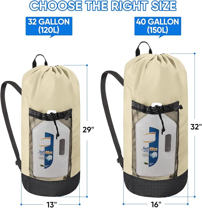 BALEINE 120L Laundry Bag Backpack, 900D Oxford Fabric Large Travel Laundry Bags with Shoulder Straps and 2 Mesh Pockets for College Dorm, Apartment, Laundromat (Beige, 120L)