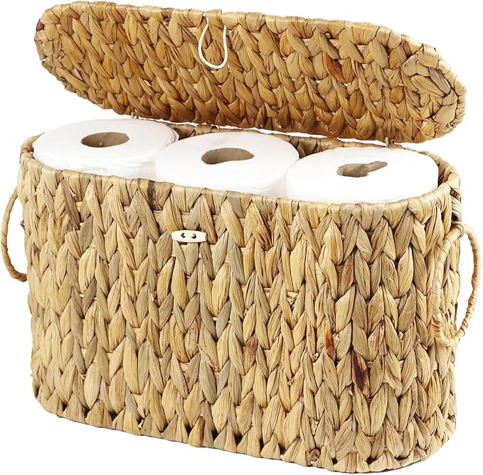 Water Hyacinth Toilet Paper Storage Basket with Lid | Holds Up to 6 Mega Rolls, Slim Wicker Holder, Bathroom Floor Organizer, Built-In Handles, Natural Woven Decor
