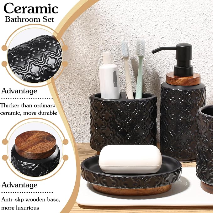 RQYIXI Ceramic 4-Piece Bathroom Accessories Set,Matte Black | Countertop Essentials Embossed Textured Design Solid Wood Non-Slip Detail Matte Black Finish