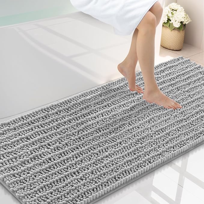 Smiry Bathroom Rugs 59X20, Extra Soft Rubber Backing Chenille Bath Mats | Light Grey Machine Washable Non Slip Quick Dry Bath Mats for Bathroom Floor, Tub, Shower, Home Decor Accessories