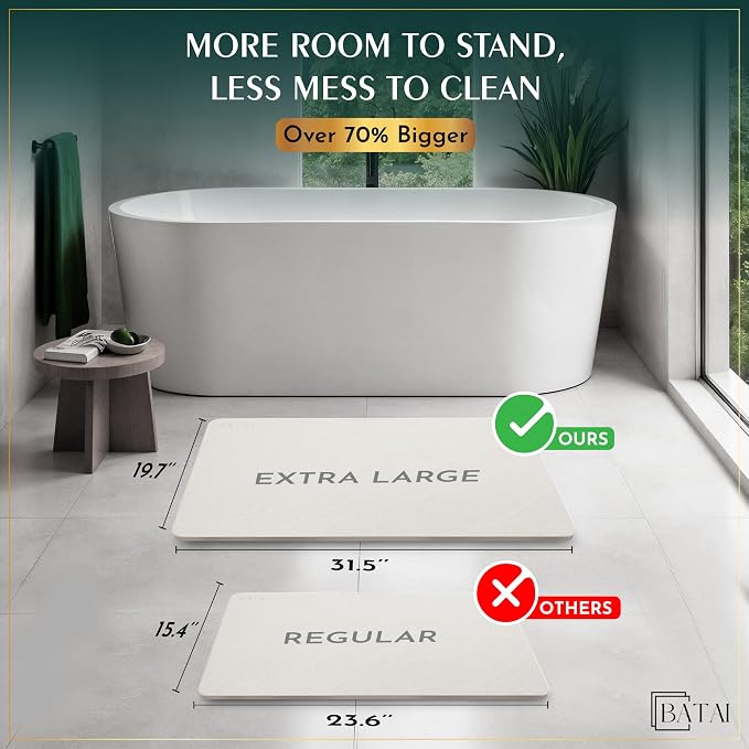 Extra Large Diatomaceous Earth Stone Bath Mat (31.5” x 19.7”) Beige XL | Fast Absorbent Shower Stone Bath Mat For Bathroom - Quick Dry, Easy Clean and Non-Slip Mat - Instant Drying Diatomite Bathmat