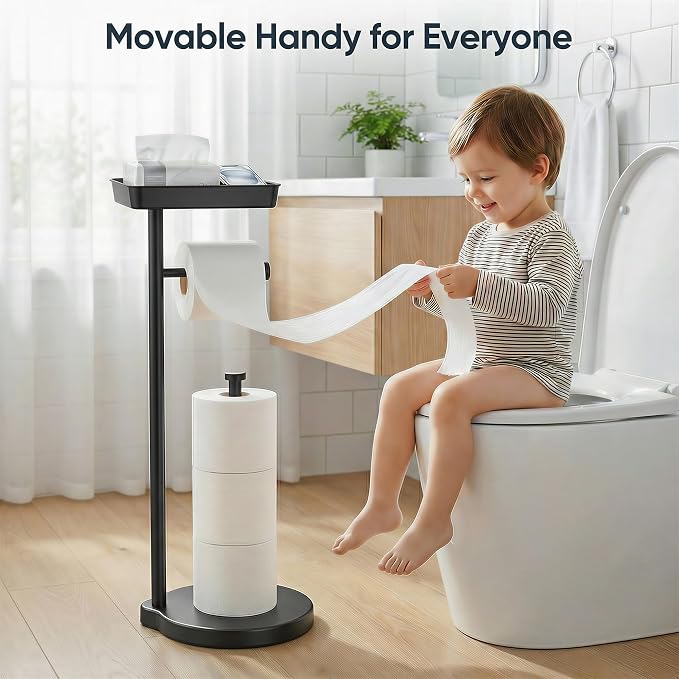 theaoo Toilet Paper Holder Stand with Shelf, Flushable Wipes Dispenser, Free Standing Toilet Tissue Roll Storage Rack Organizer for Bathroom (Black, Free Standing - with Storage)