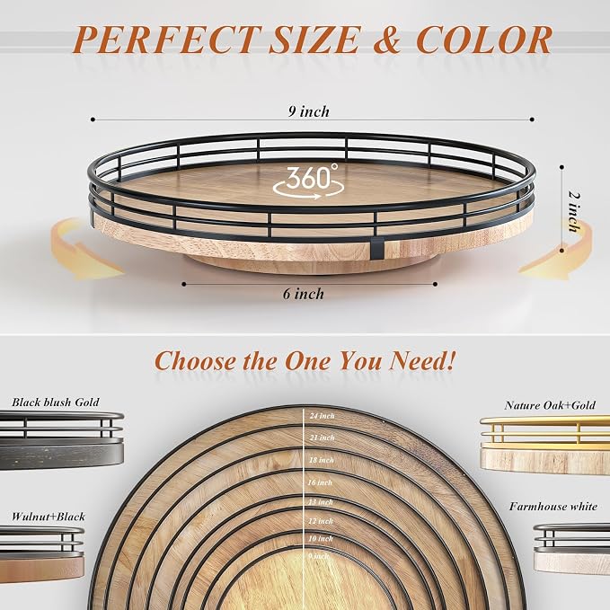 AMH 9-Inch Farmhouse Oak Lazy Susan Cabinet Organizer | Smooth rotating oak tray with walnut finish for dining tables, kitchen counters, pantries and cabinet storage.