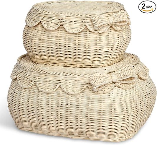 BEBE BASK Original Scalloped Bow Basket with Lid - Set of 2 (15x11x6 In) | Award Winner, Handwoven Rattan, Scalloped Wicker Basket, Woven Baskets for Storage, Nursery Storage, Scallop Basket (Bow)