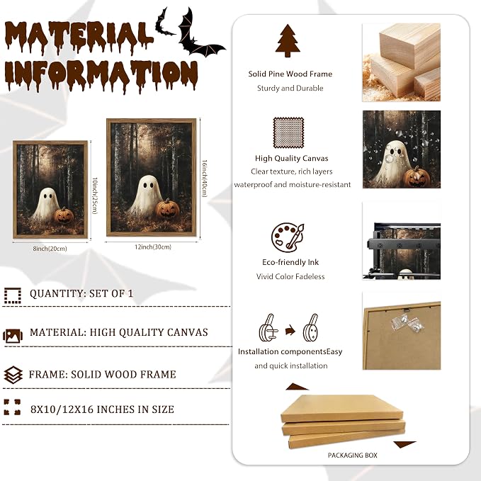 Framed Vintage Halloween Ghost Wall Art, Cute Ghost with Pumpkin Lantern Canvas Print, Retro Dark Halloween Forest Poster, Whimsical Wall Decor for Living Room Bedroom Hallway, 8x10in
