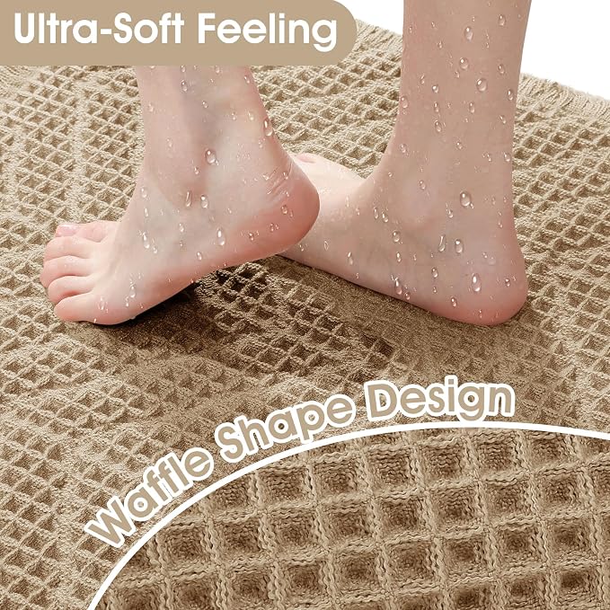 Upgraded Waffle Bath Mat Set 3 Piece Beige-Herringbone, Super Absorbent Non-Slip Quick Dry Bathroom Rugs with Tassels, Machine Washable Ultra Soft Boho Bath Rugs, Toilet Mats Boho Farmhouse Decor